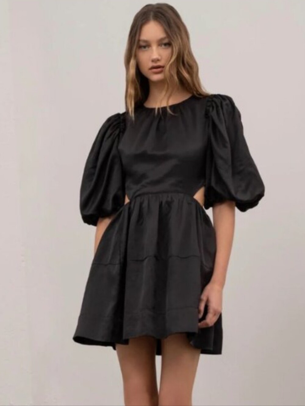 Moon River Black Puff Sleeve Mini Dress with Side Cutouts